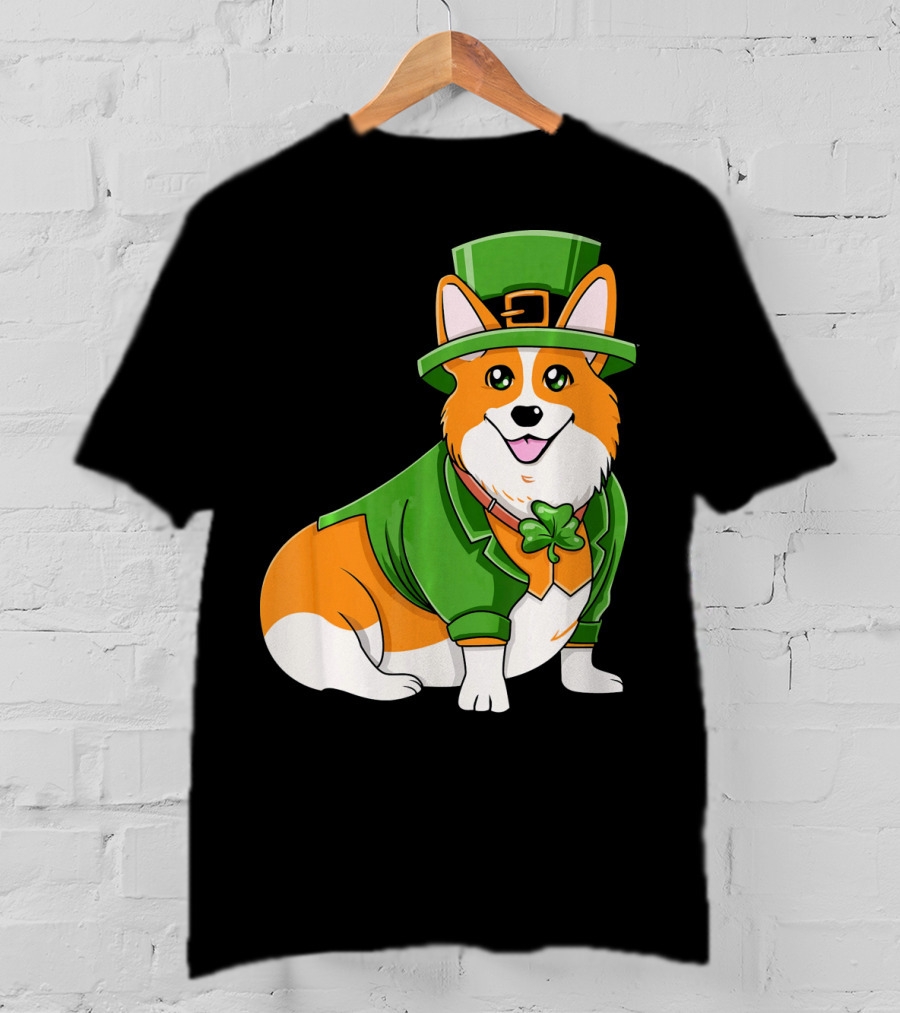St Patricks Day Corgi Irish Dog In Leprechaun Hat And Green Suit T-Shirt