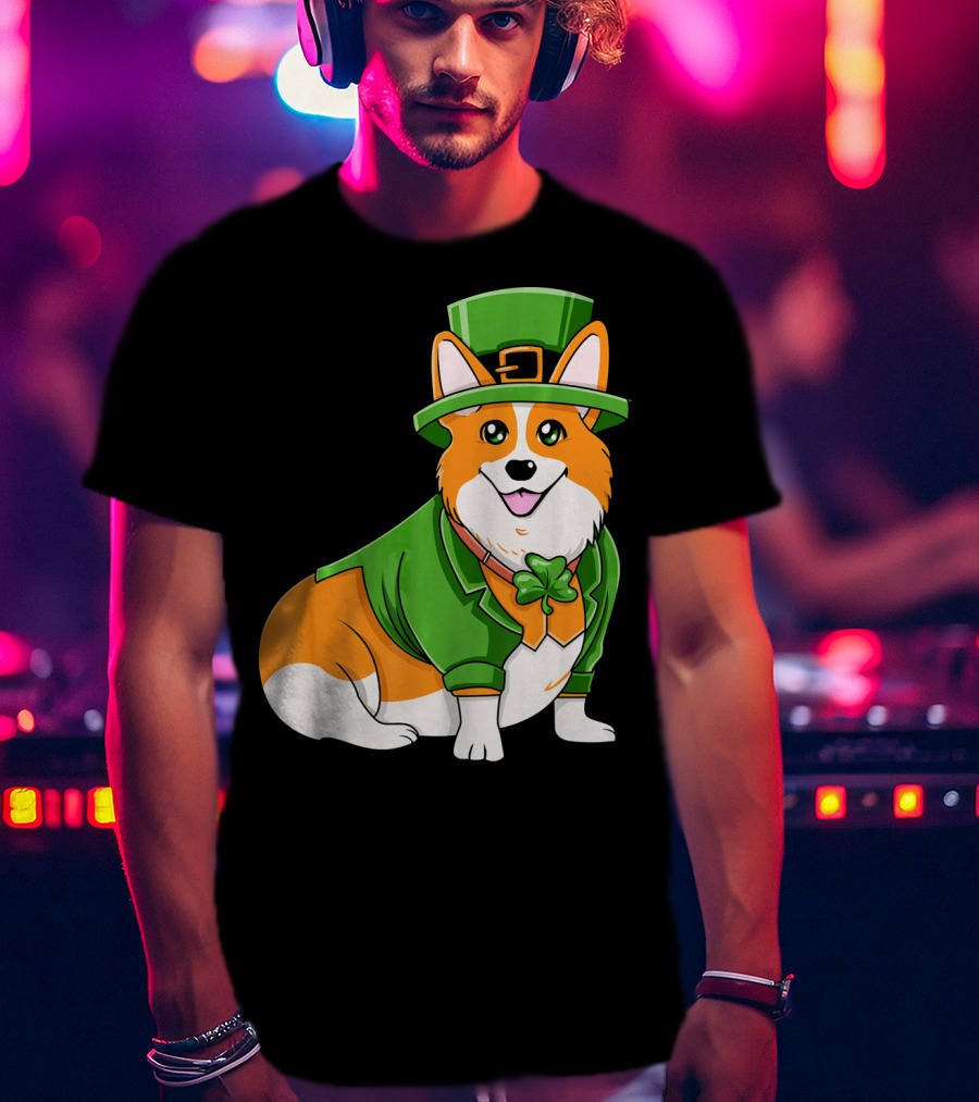 St Patricks Day Corgi Irish Dog In Leprechaun Hat And Green Suit T-Shirt