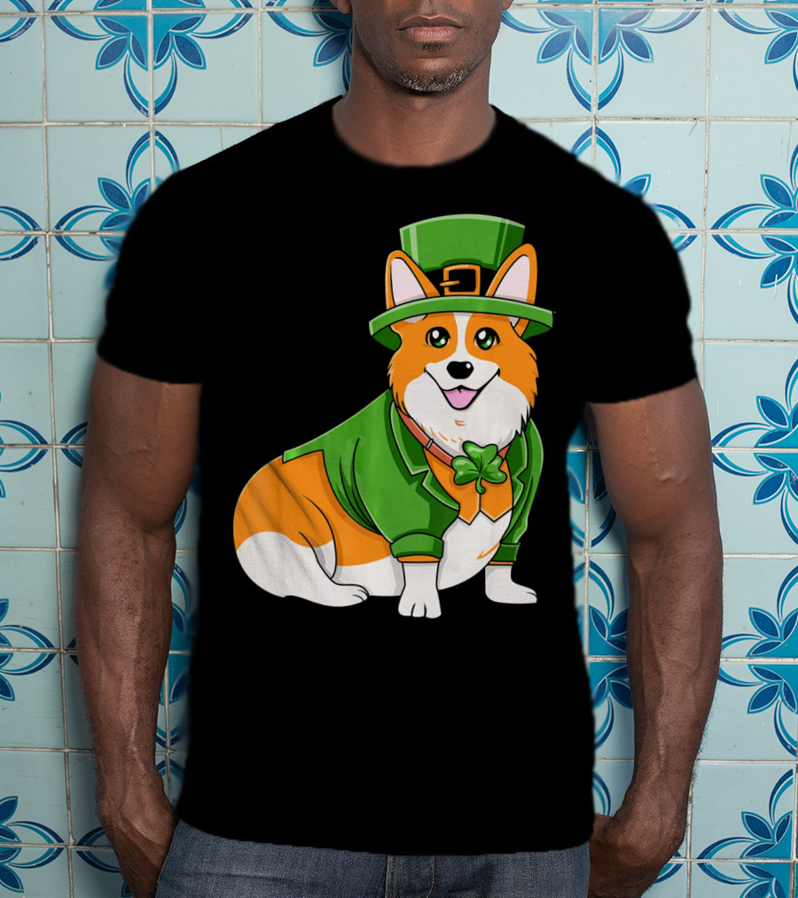 St Patricks Day Corgi Irish Dog In Leprechaun Hat And Green Suit T-Shirt