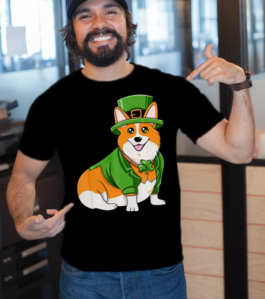 St Patricks Day Corgi Irish Dog In Leprechaun Hat And Green Suit T-Shirt