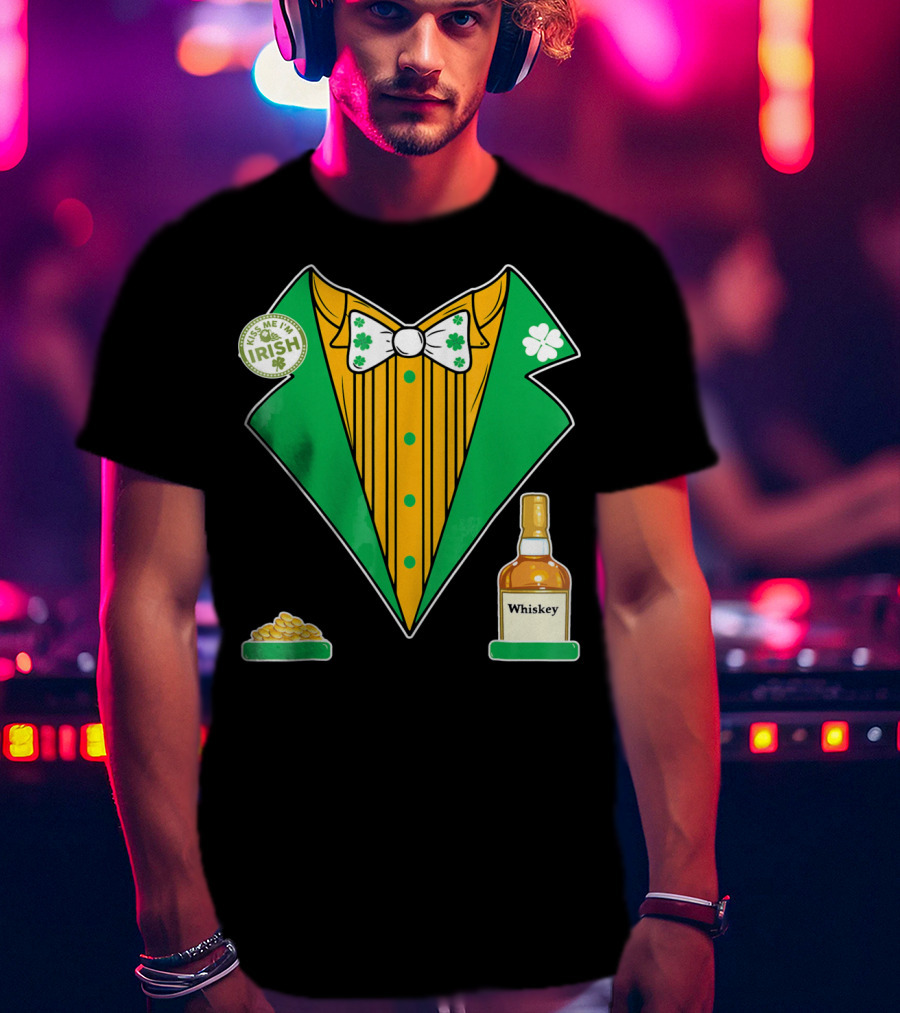 Kiss Me I'm Irish St. Patrick's Day Tux With Whiskey And Gold Coins T-Shirt