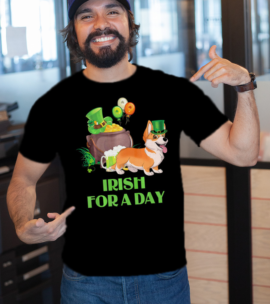 Irish For A Day Welsh Corgi Dog Leprechaun Pot Of Gold Balloons T-Shirt