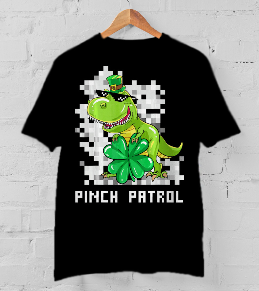 St Patrick Day Dinosaur Pinch Patrol Pixelated Clover And Hat T-Shirt