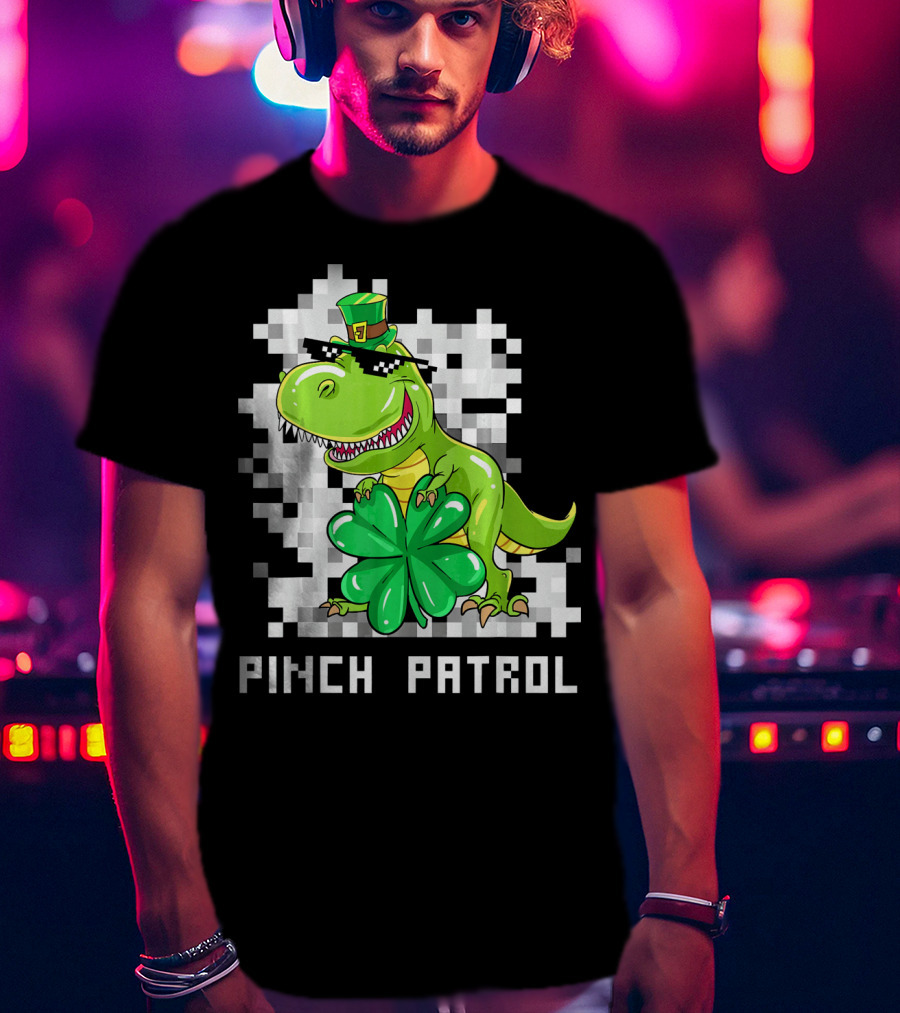 St Patrick Day Dinosaur Pinch Patrol Pixelated Clover And Hat T-Shirt