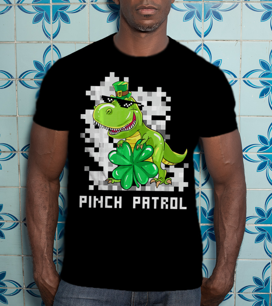 St Patrick Day Dinosaur Pinch Patrol Pixelated Clover And Hat T-Shirt