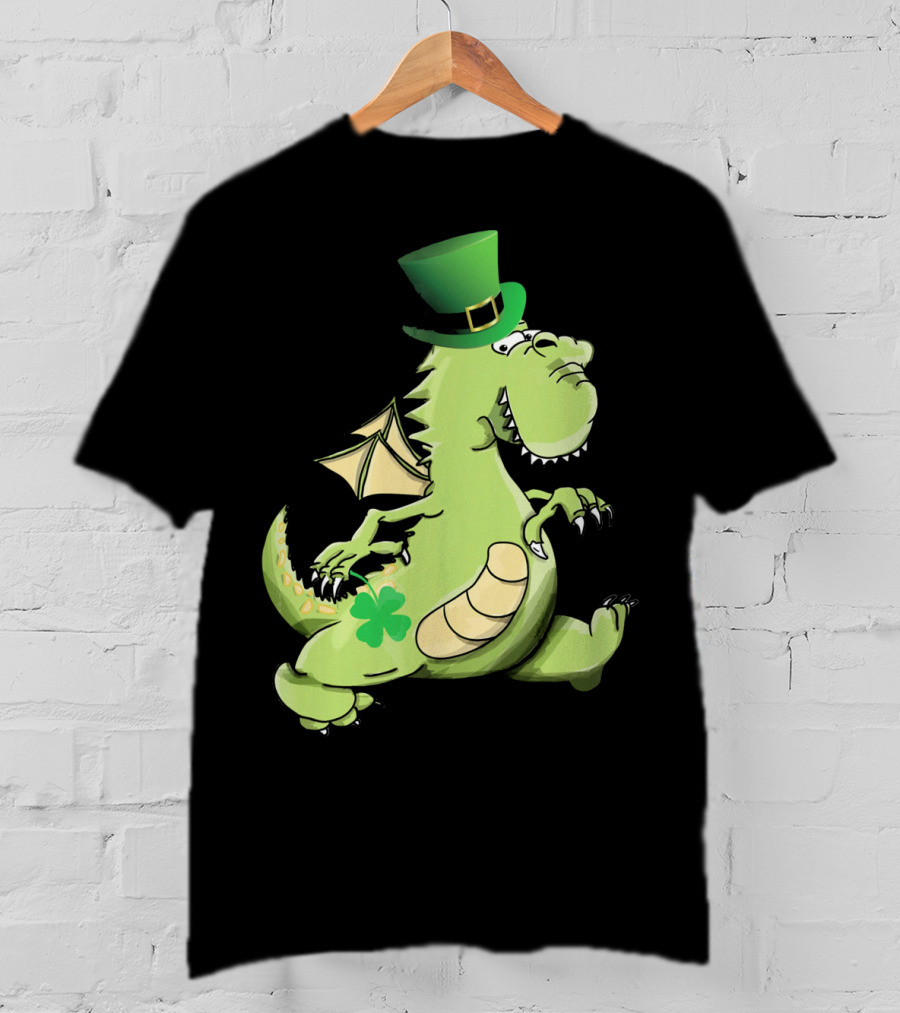 St Patrick's Day Dragon Wearing Leprechaun Hat With Shamrock T-Shirt
