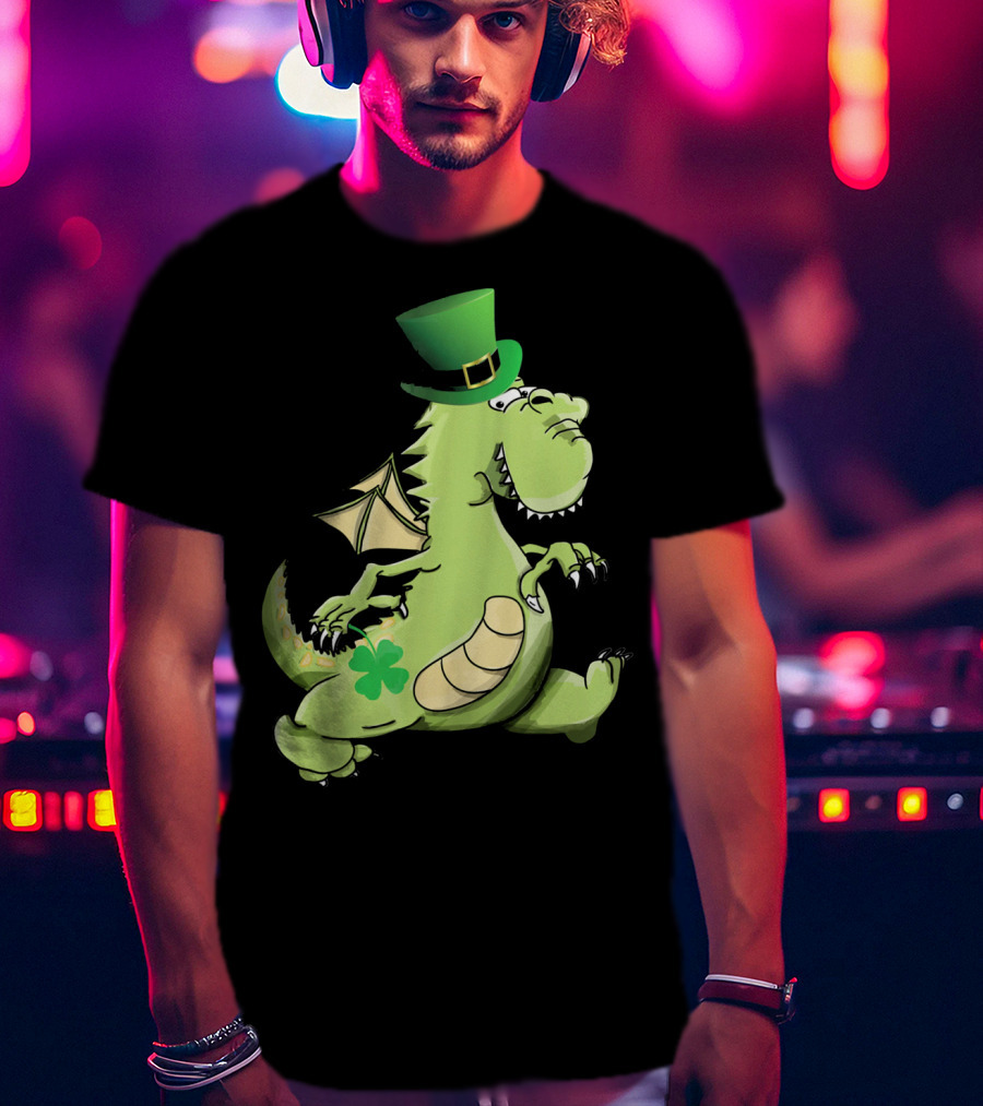 St Patrick's Day Dragon Wearing Leprechaun Hat With Shamrock T-Shirt