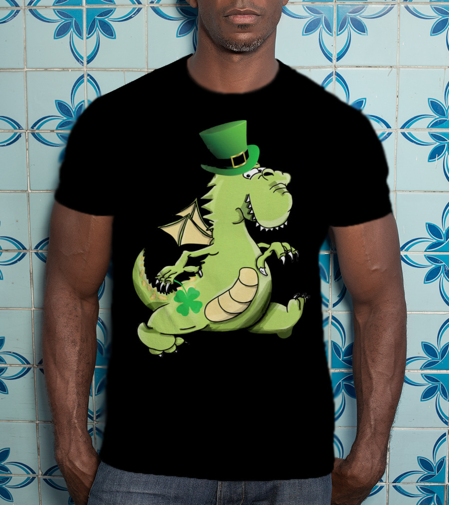 St Patrick's Day Dragon Wearing Leprechaun Hat With Shamrock T-Shirt
