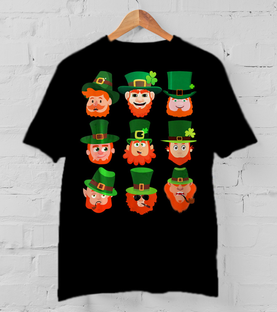 Funny Leprechaun Emotion Feeling Faces With Green Hats And Red Beards T-Shirt