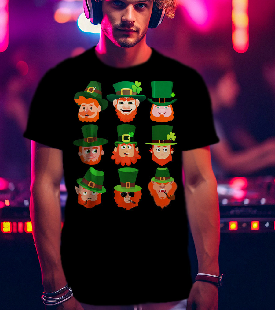 Funny Leprechaun Emotion Feeling Faces With Green Hats And Red Beards T-Shirt