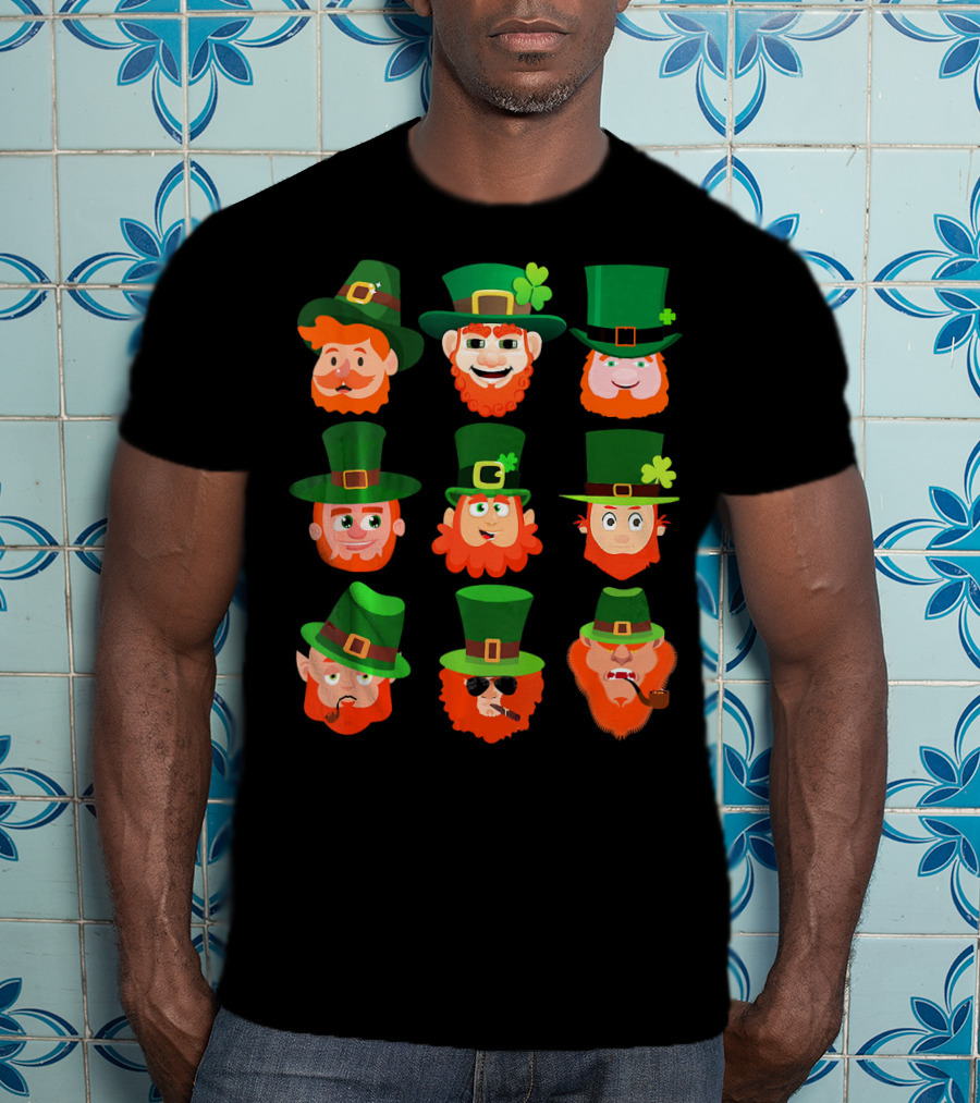 Funny Leprechaun Emotion Feeling Faces With Green Hats And Red Beards T-Shirt