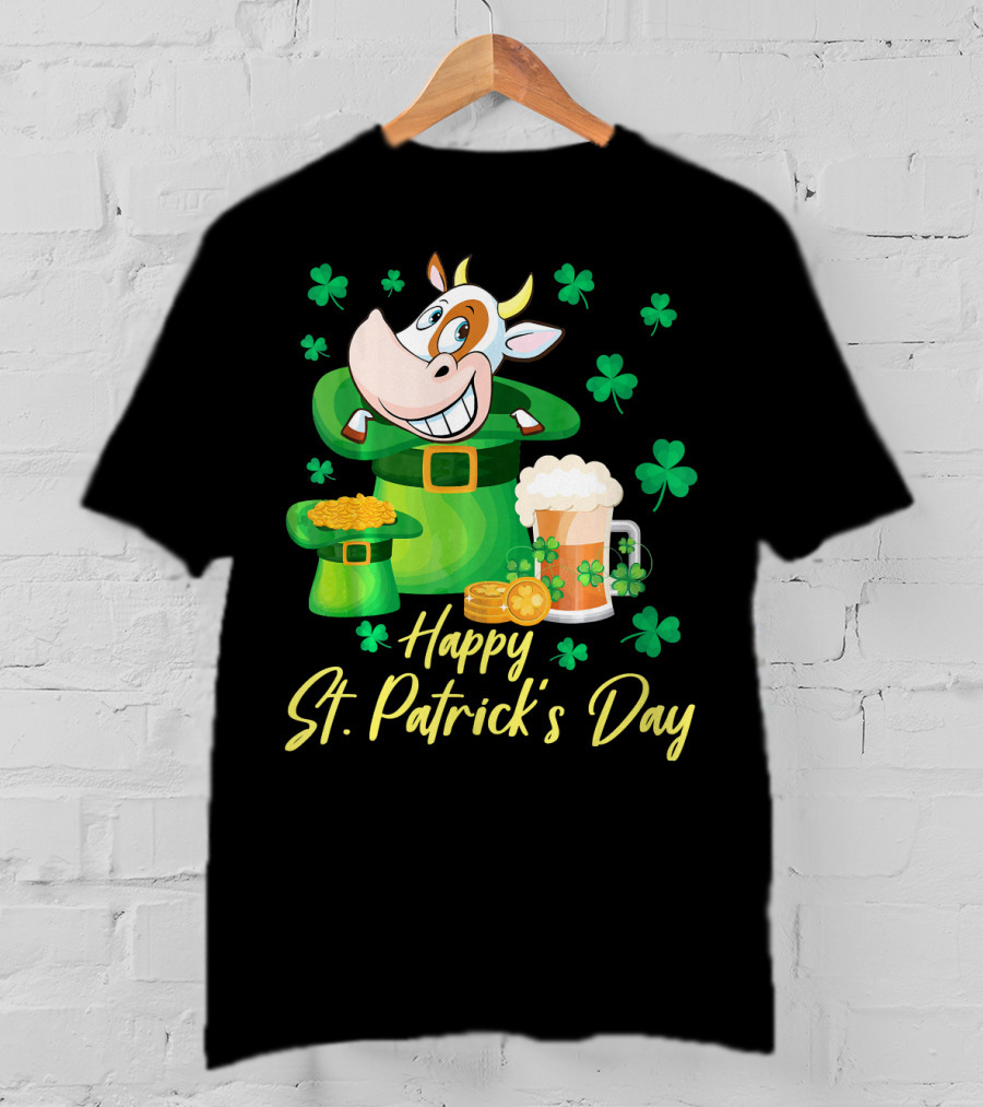 Happy St. Patrick's Day Cow Dancing In Leprechaun Hat With Gold Coins And Beer T-Shirt