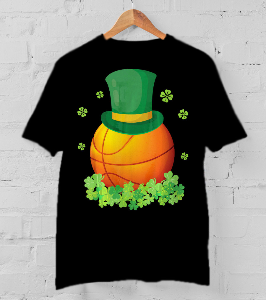 Basketball With Leprechaun Hat And Shamrocks Playing Around T-Shirt
