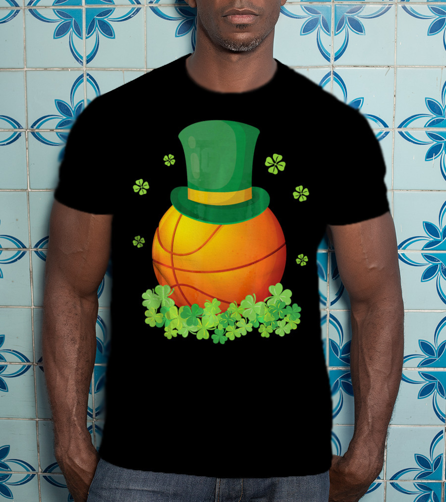 Basketball With Leprechaun Hat And Shamrocks Playing Around T-Shirt