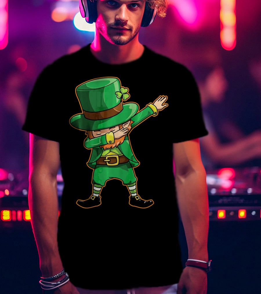 Funny Leprechaun Dabbing Dance Icon In Green Outfit And Hat T-Shirt