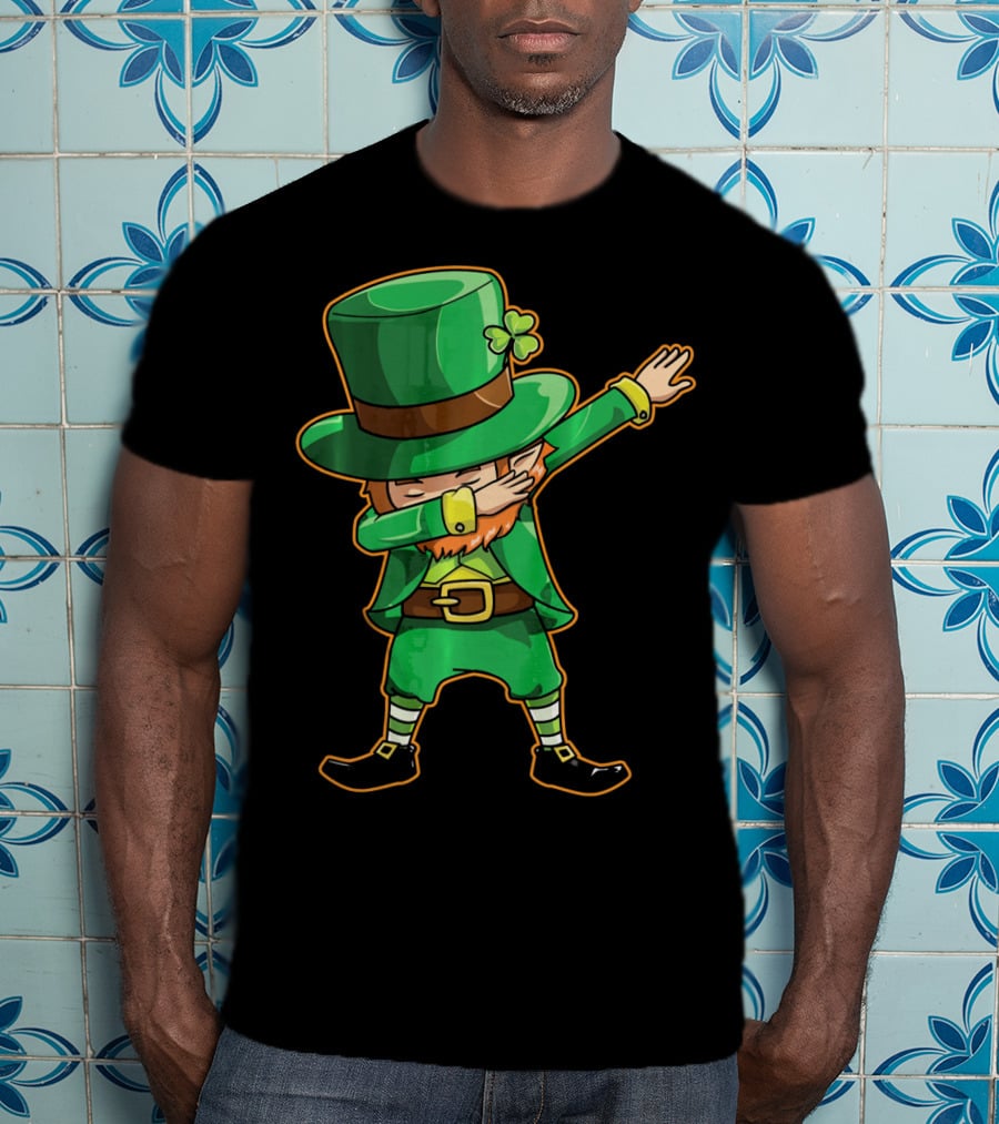 Funny Leprechaun Dabbing Dance Icon In Green Outfit And Hat T-Shirt