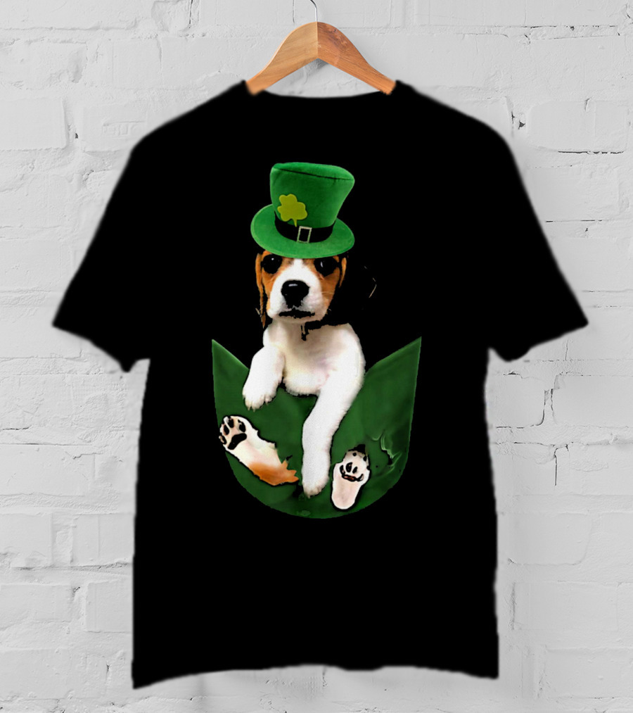 Beagle In Green Pocket With St Patrick's Hat And Shamrock T-Shirt