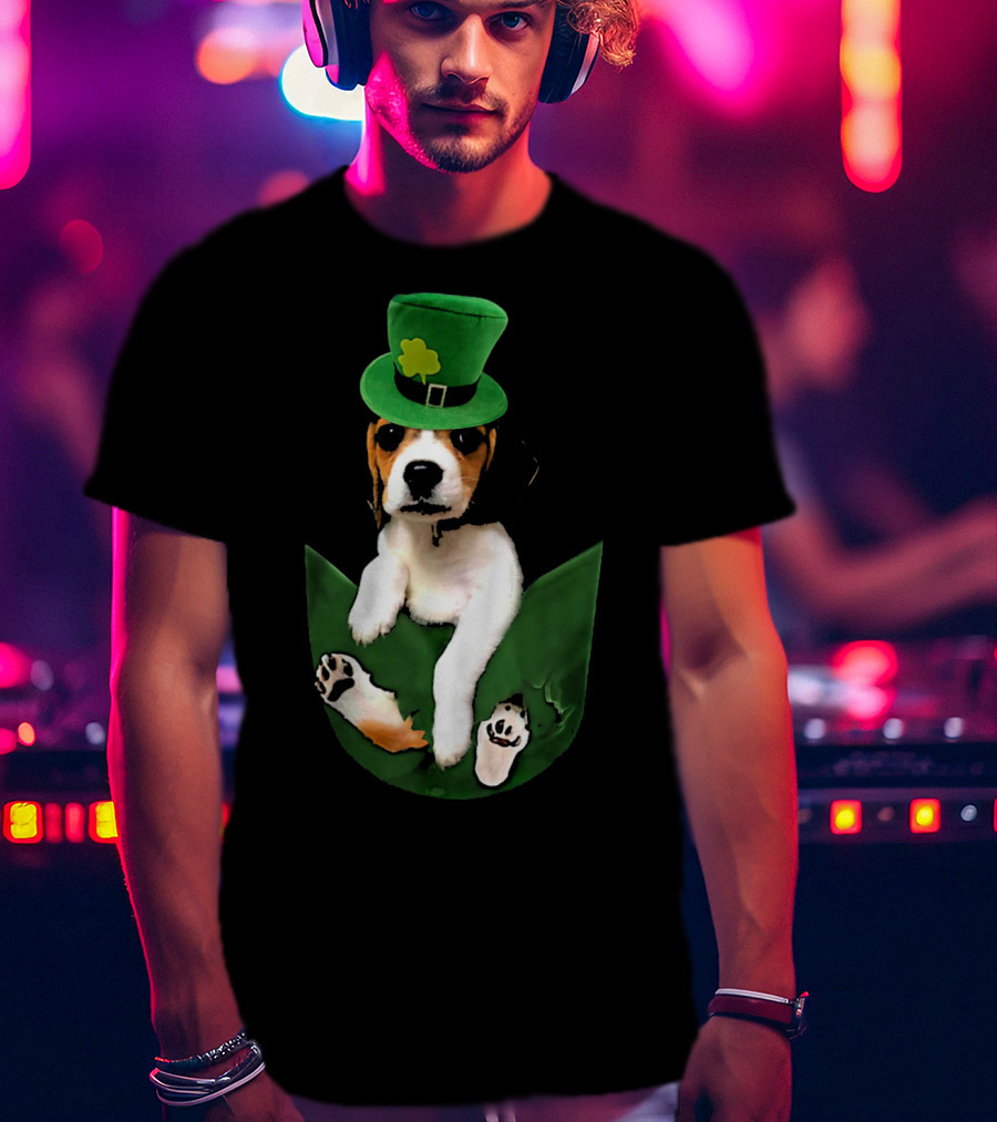 Beagle In Green Pocket With St Patrick's Hat And Shamrock T-Shirt