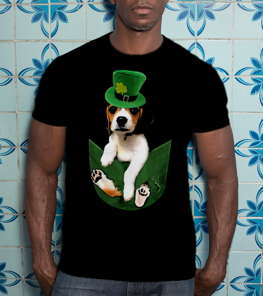 Beagle In Green Pocket With St Patrick's Hat And Shamrock T-Shirt