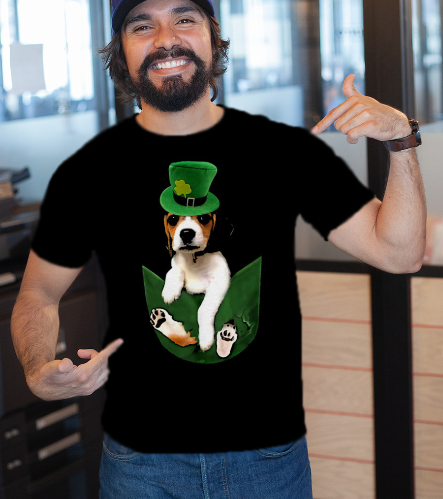Beagle In Green Pocket With St Patrick's Hat And Shamrock T-Shirt