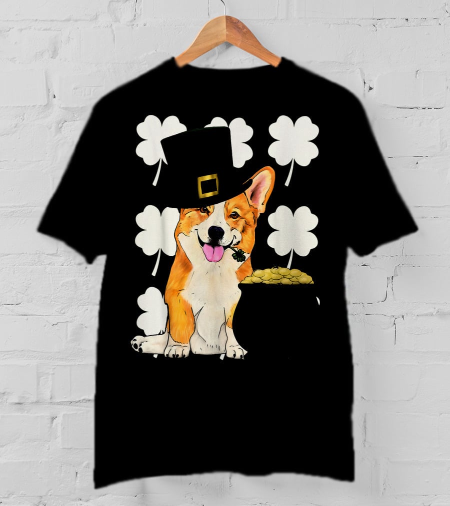 Irish Corgi St. Patricks Day Clover Leprechaun Hat And Pot Of Gold T-Shirt