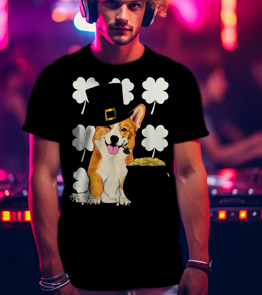 Irish Corgi St. Patricks Day Clover Leprechaun Hat And Pot Of Gold T-Shirt