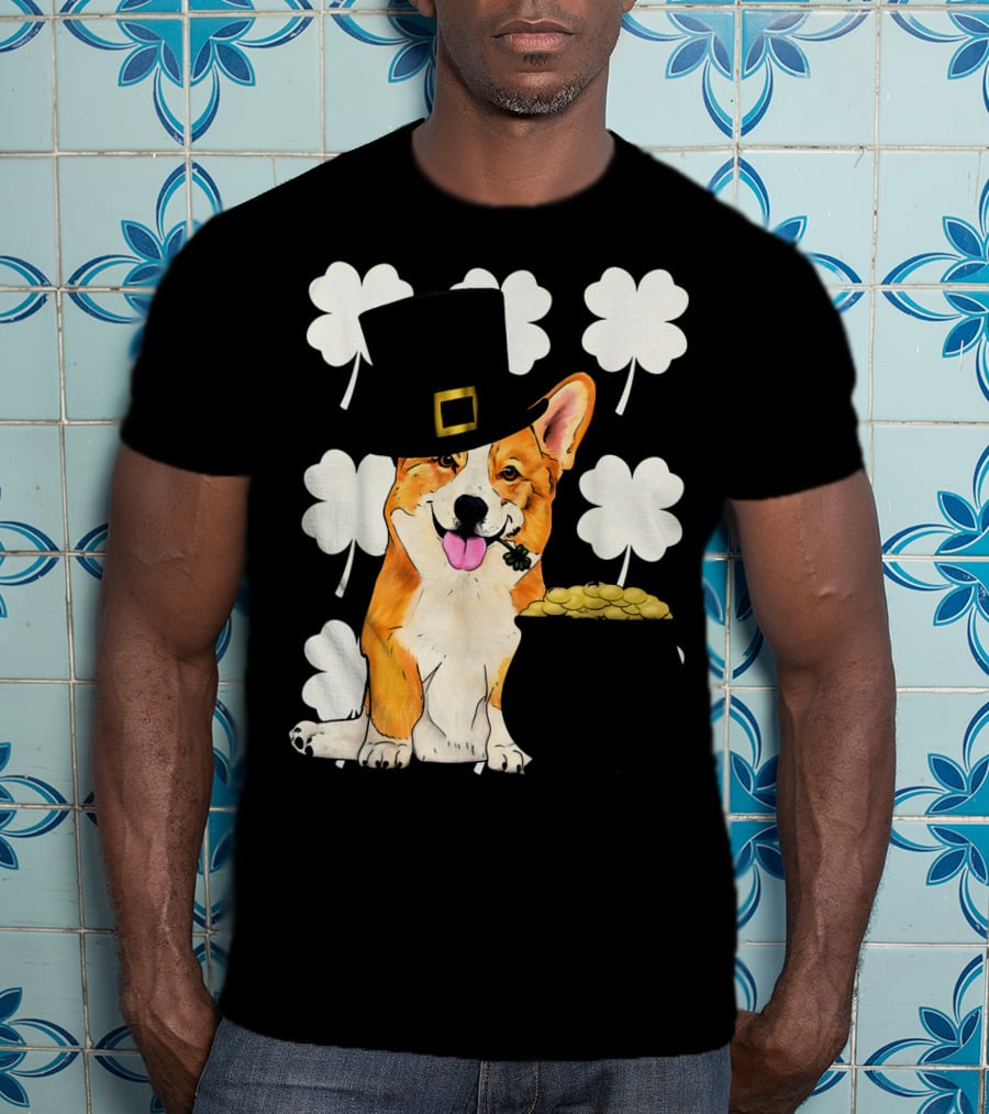 Irish Corgi St. Patricks Day Clover Leprechaun Hat And Pot Of Gold T-Shirt
