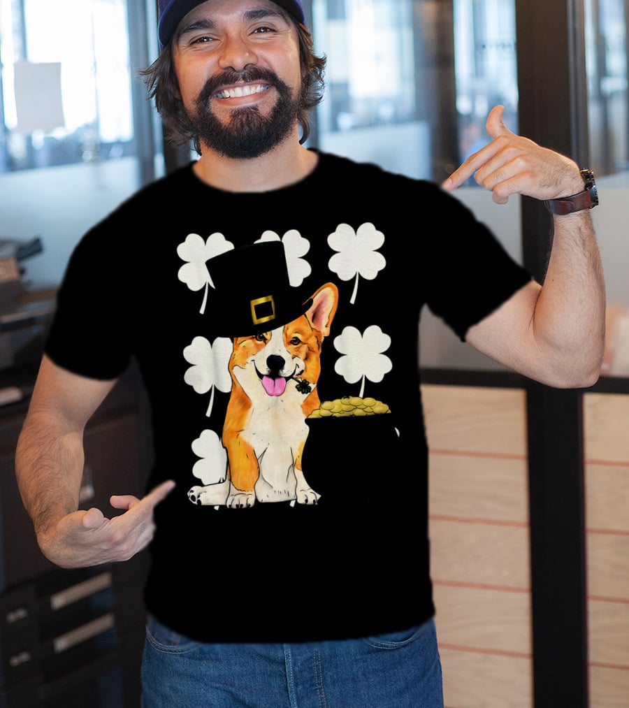 Irish Corgi St. Patricks Day Clover Leprechaun Hat And Pot Of Gold T-Shirt