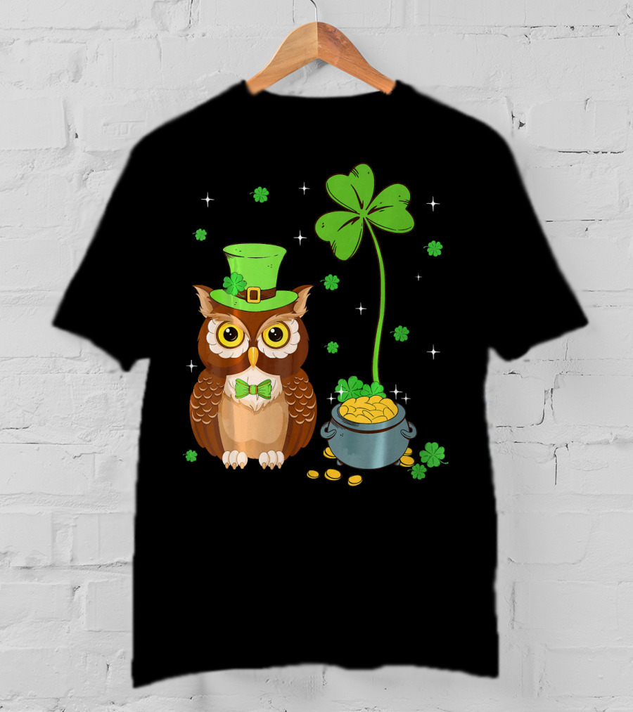 Shamrock Leprechaun Owl Pot Of Gold T-Shirt