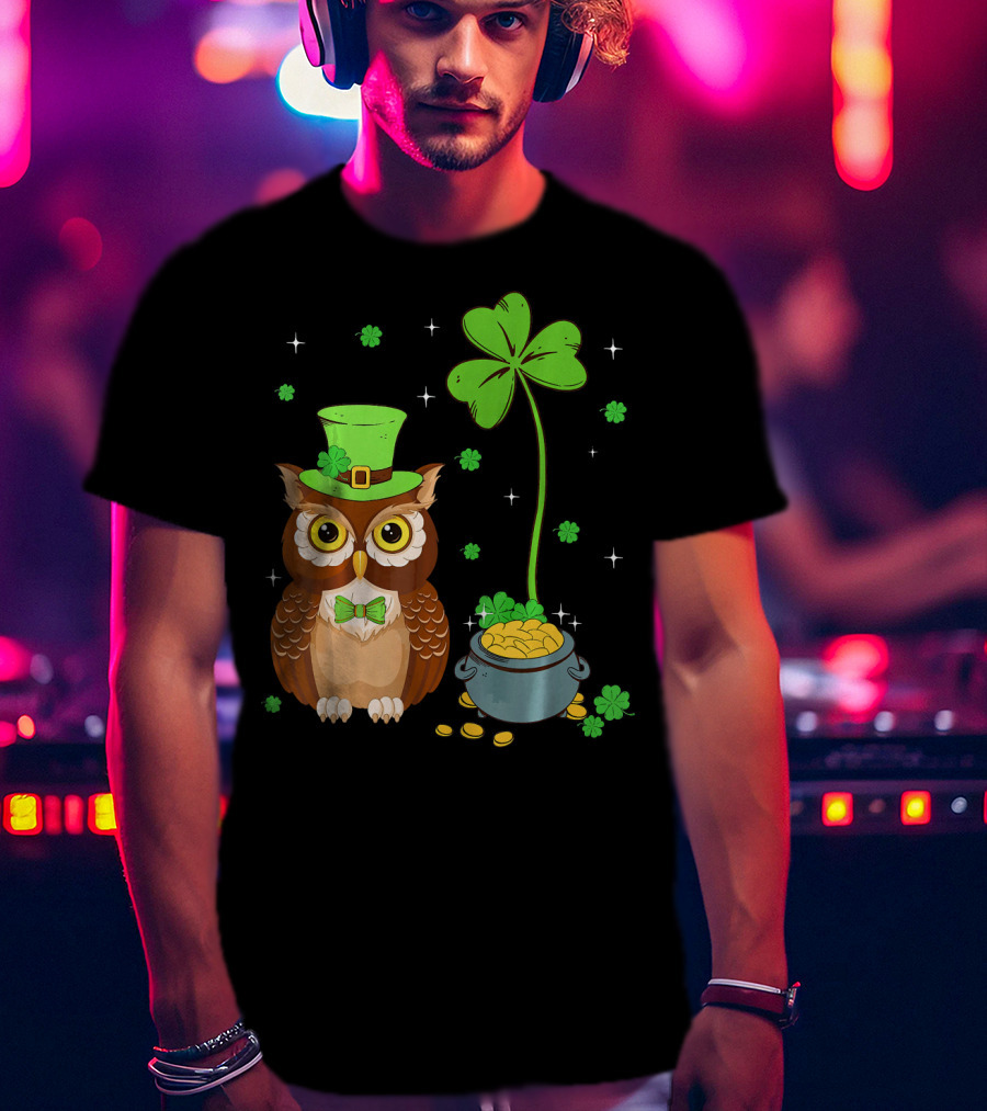 Shamrock Leprechaun Owl Pot Of Gold T-Shirt