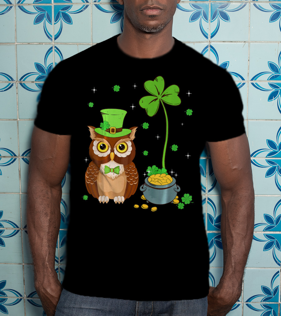 Shamrock Leprechaun Owl Pot Of Gold T-Shirt
