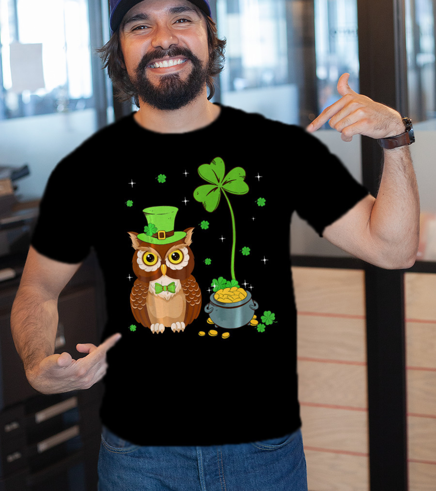 Shamrock Leprechaun Owl Pot Of Gold T-Shirt