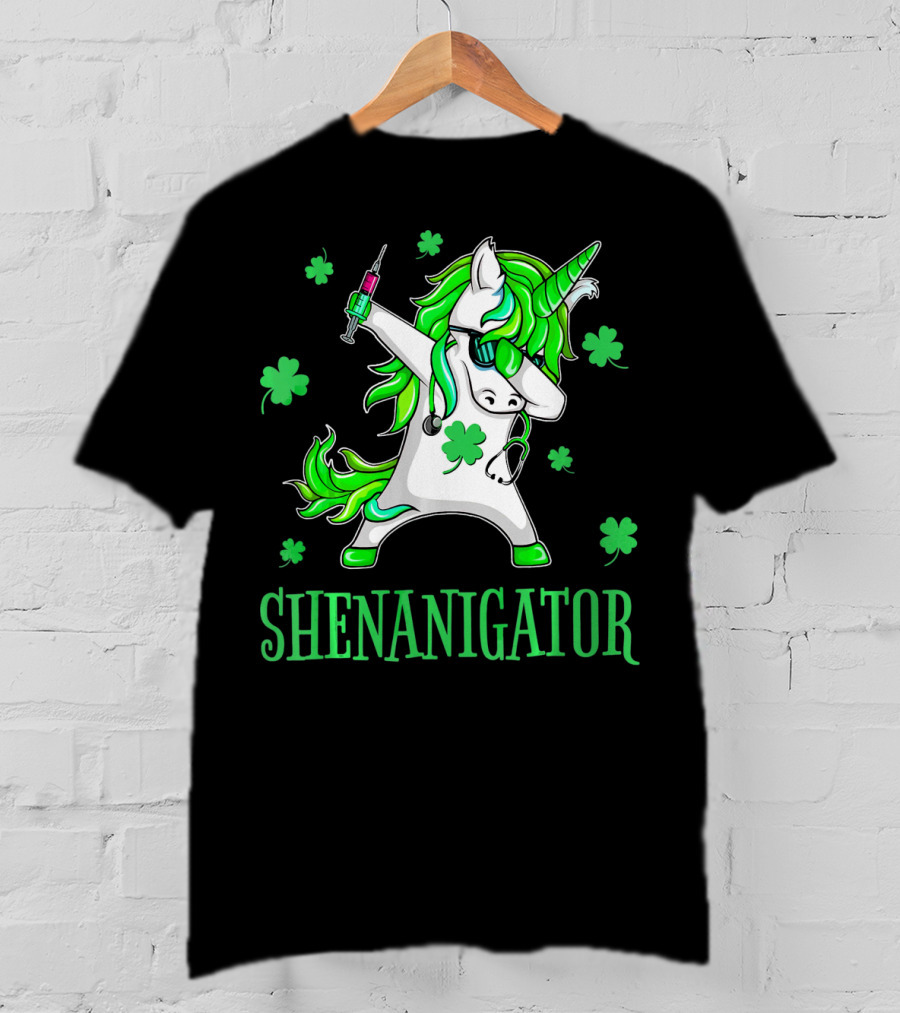Unicorn Dabbing Shenanigator With Shamrocks And Syringe T-Shirt
