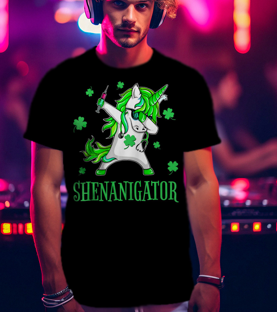 Unicorn Dabbing Shenanigator With Shamrocks And Syringe T-Shirt