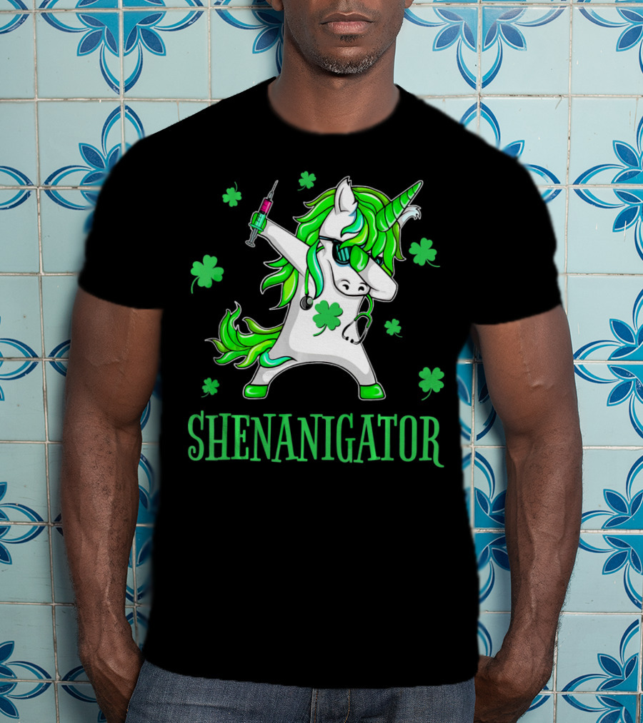 Unicorn Dabbing Shenanigator With Shamrocks And Syringe T-Shirt