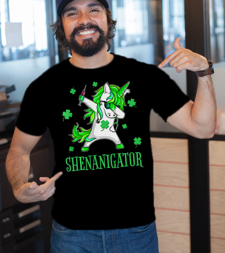Unicorn Dabbing Shenanigator With Shamrocks And Syringe T-Shirt