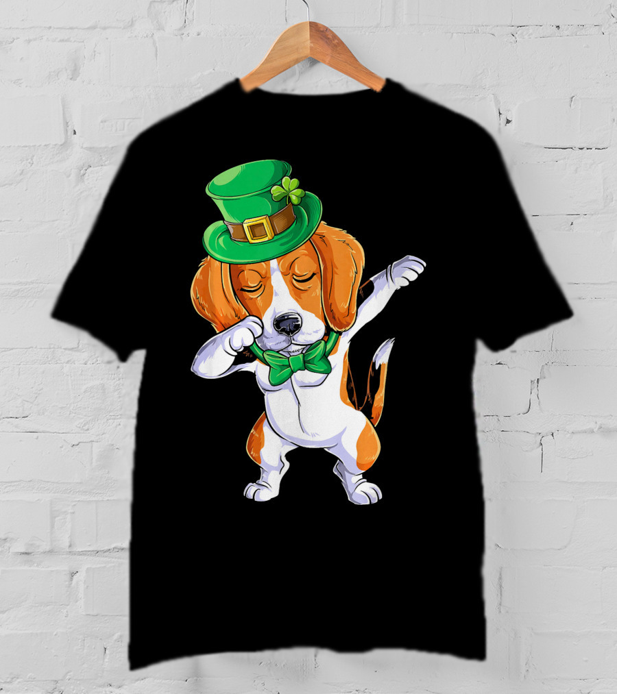 Dabbing Beagle St Patricks Day Boys Leprechaun Hat Bow Tie Shamrock T-Shirt