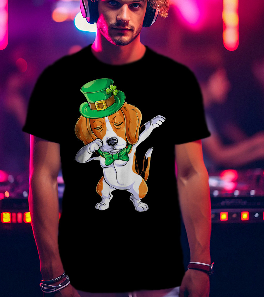 Dabbing Beagle St Patricks Day Boys Leprechaun Hat Bow Tie Shamrock T-Shirt