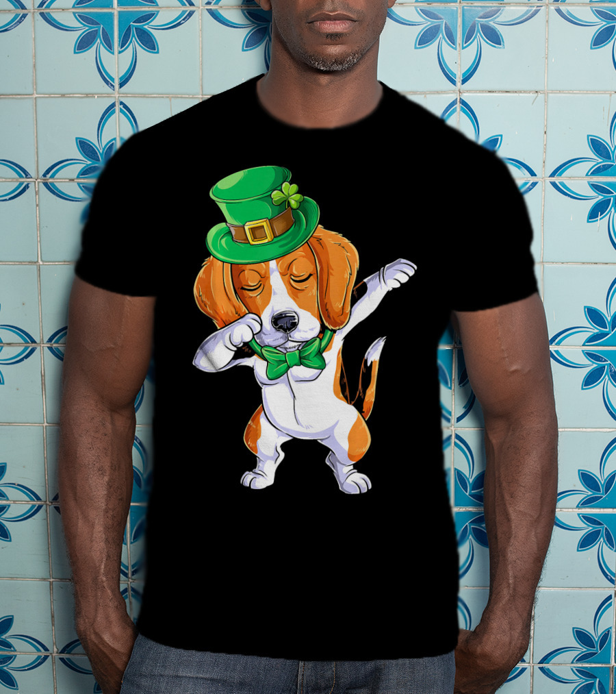 Dabbing Beagle St Patricks Day Boys Leprechaun Hat Bow Tie Shamrock T-Shirt
