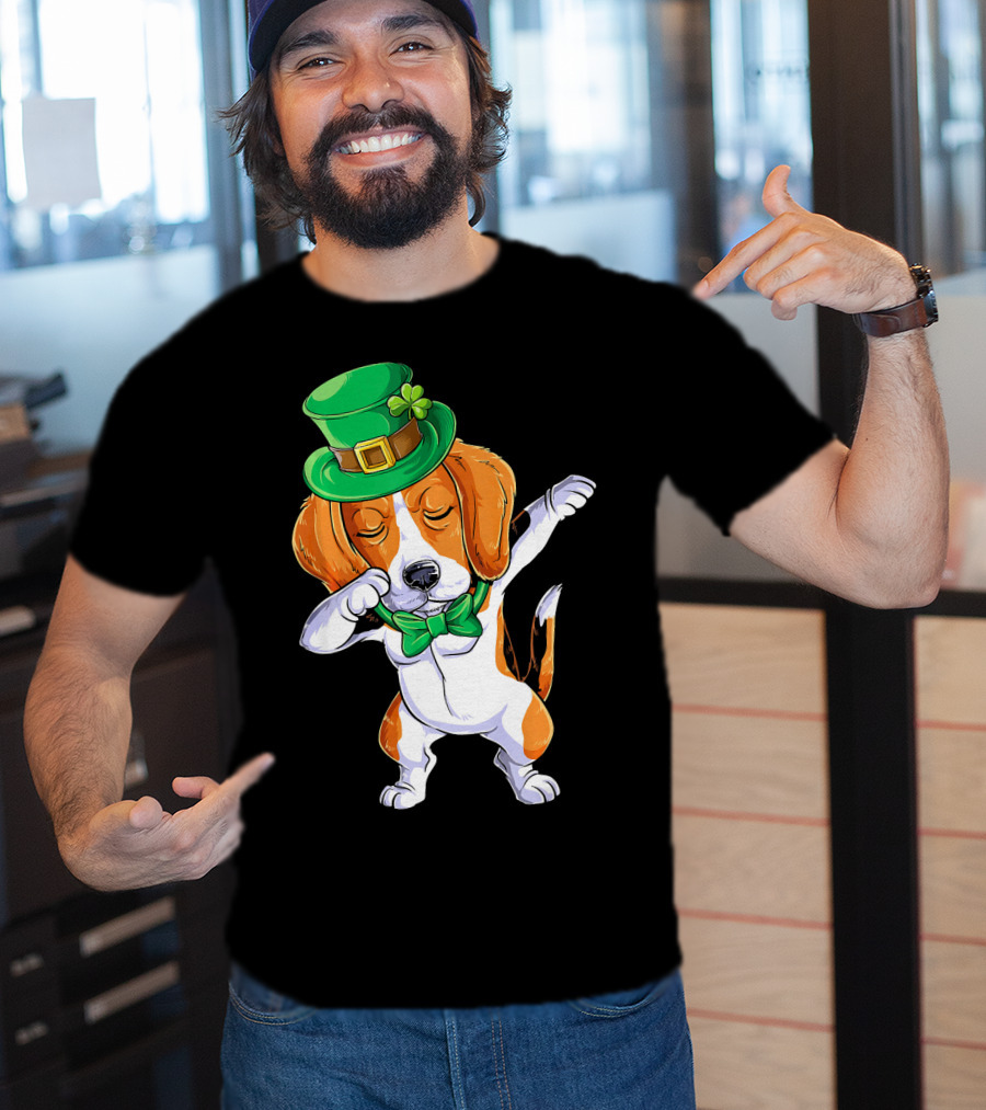 Dabbing Beagle St Patricks Day Boys Leprechaun Hat Bow Tie Shamrock T-Shirt
