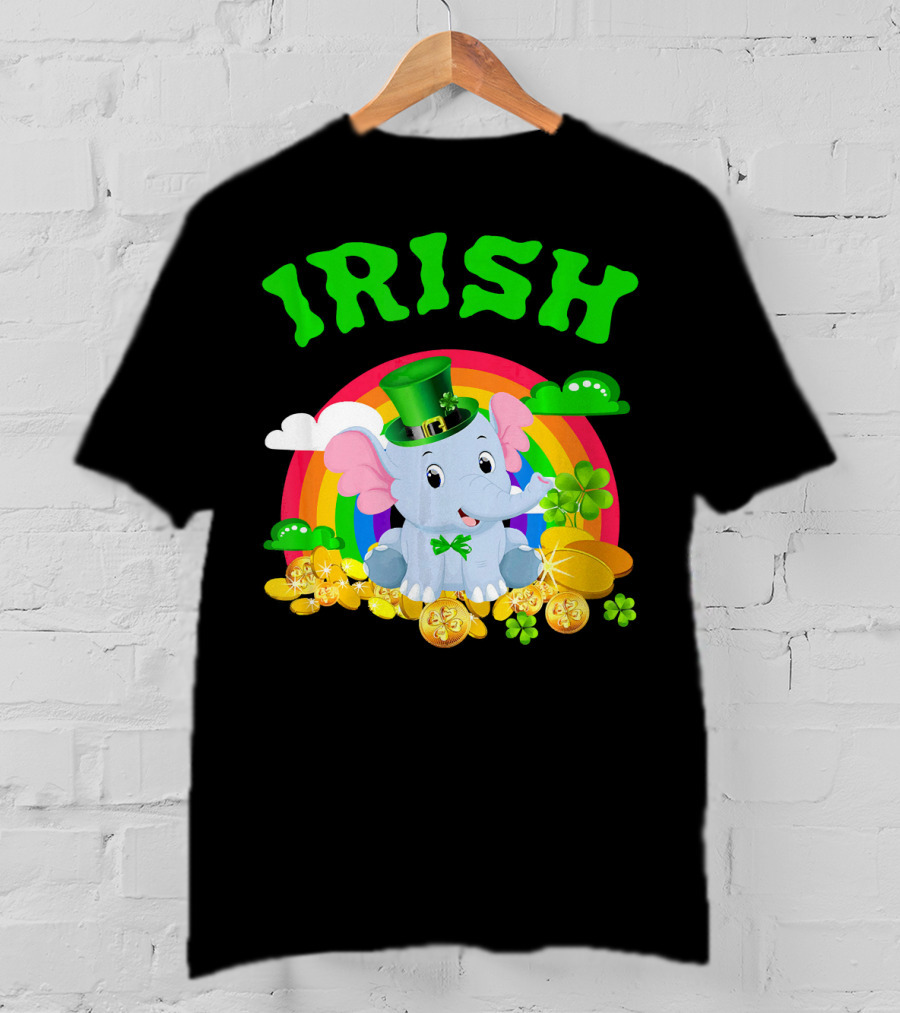 Irish Elephant St Patricks Day Rainbow Coins Clover T-Shirt
