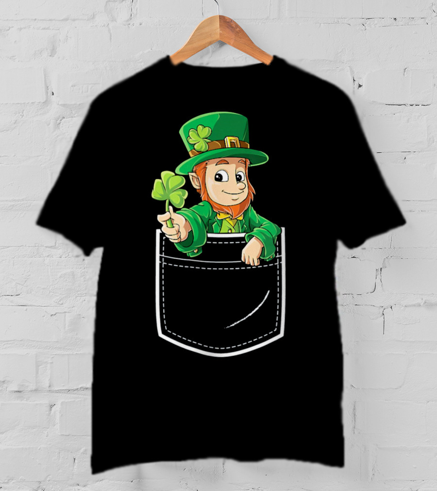 Leprechaun Holding Shamrock In Pocket For St Patricks Day T-Shirt