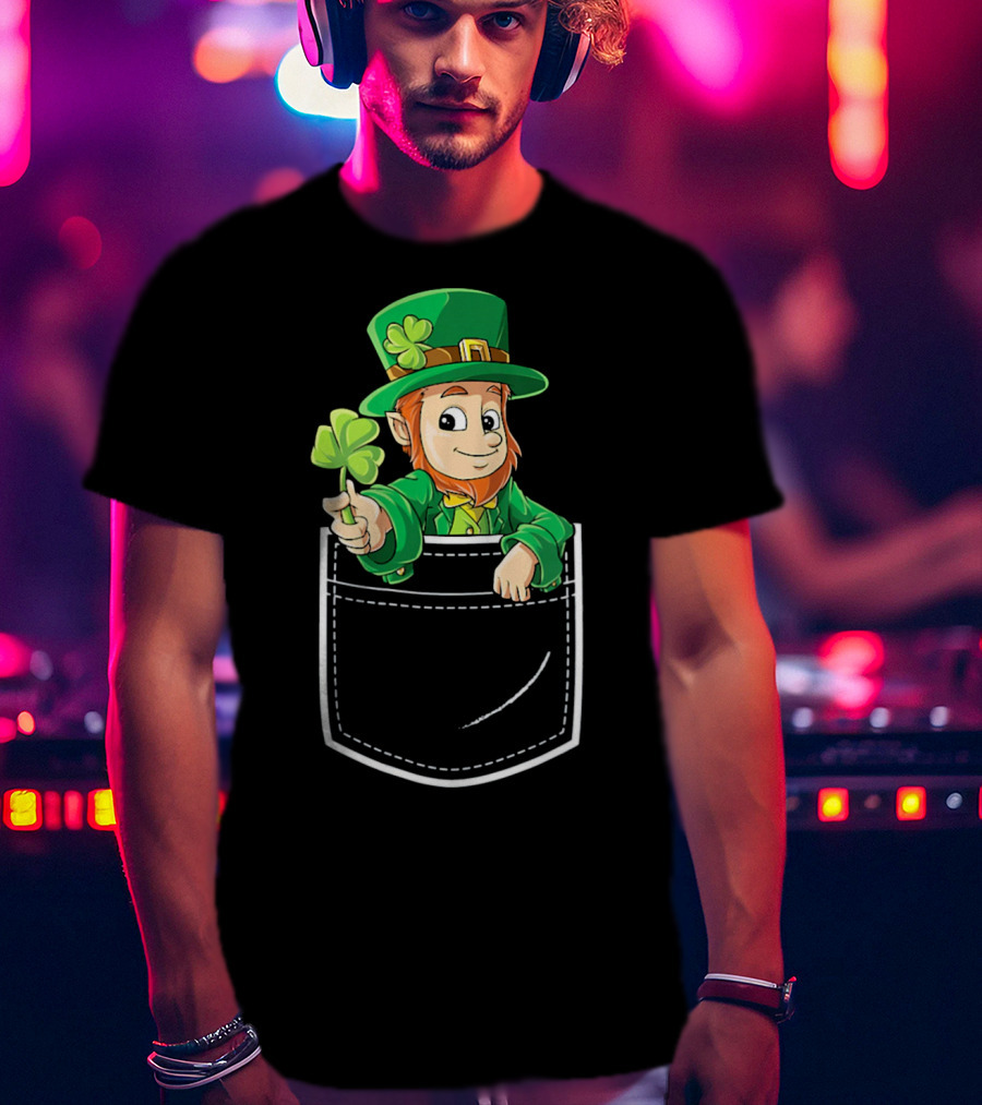 Leprechaun Holding Shamrock In Pocket For St Patricks Day T-Shirt
