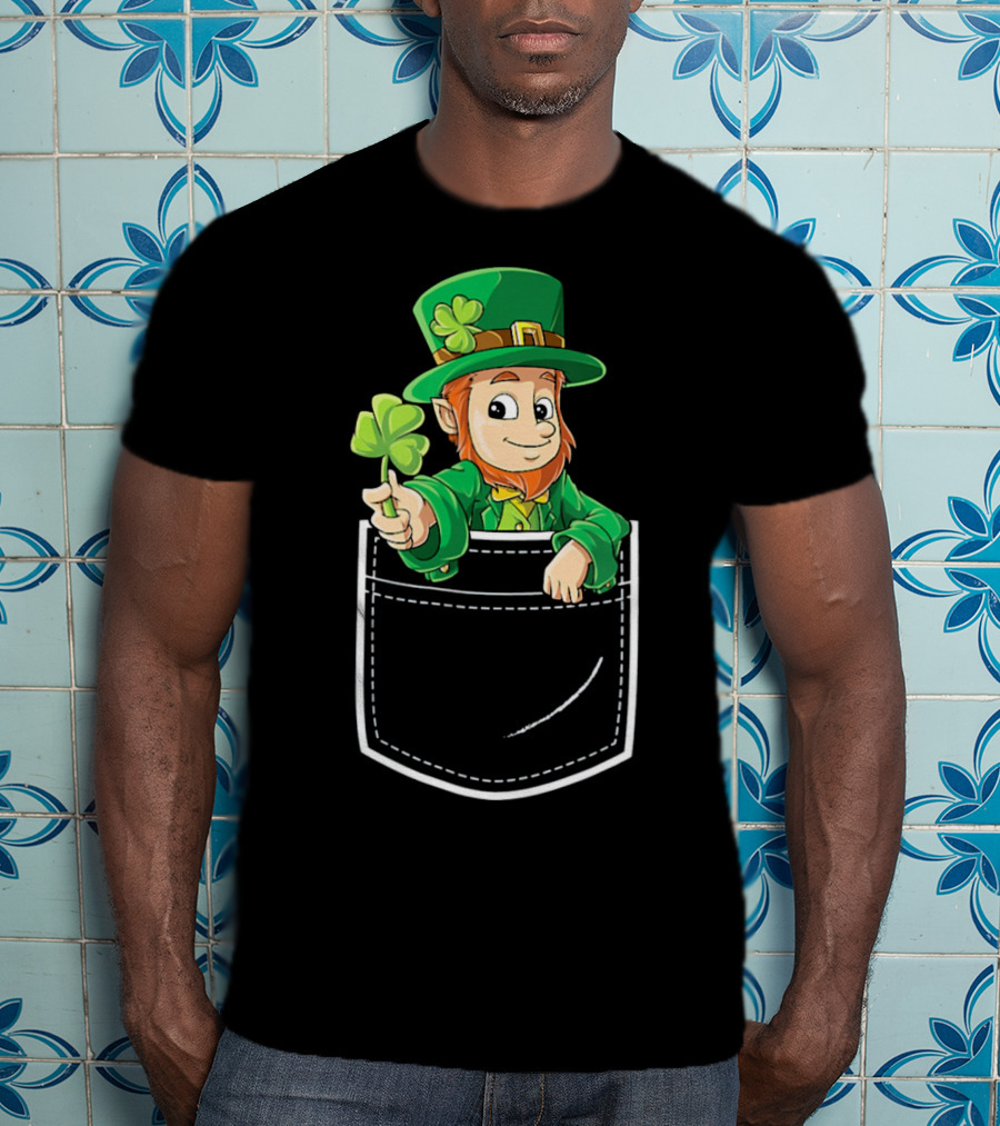 Leprechaun Holding Shamrock In Pocket For St Patricks Day T-Shirt