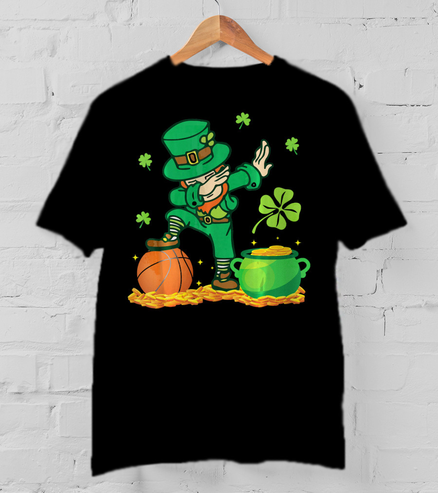 Leprechaun Dab With Basketball And Pot Of Gold Filled With Coins And Shamrocks T-Shirt