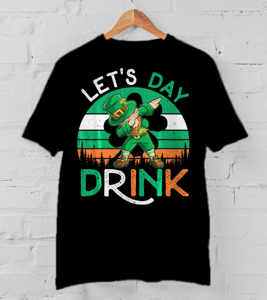 Let's Day Drink Leprechaun Dabbing Shamrock Ireland Flag T-Shirt