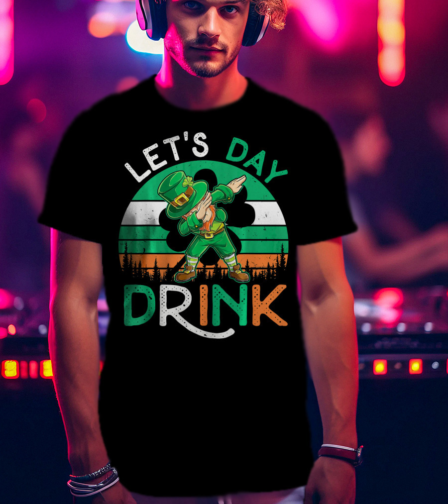 Let's Day Drink Leprechaun Dabbing Shamrock Ireland Flag T-Shirt