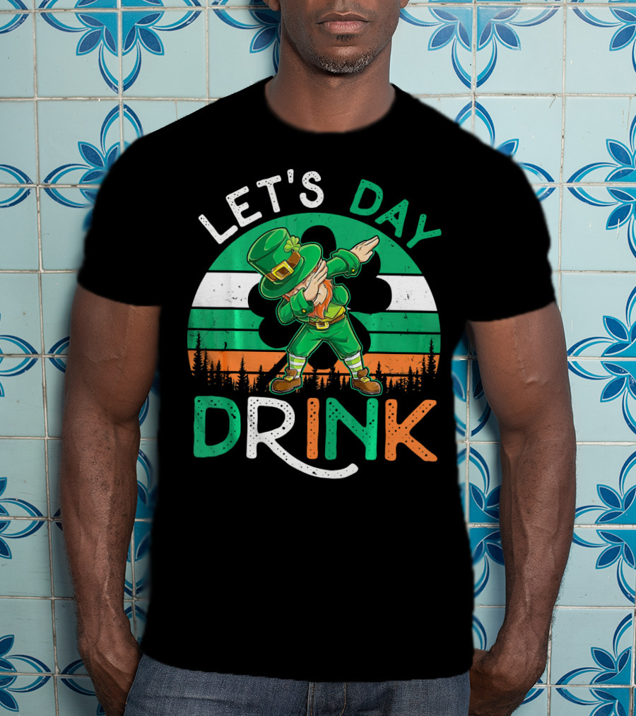 Let's Day Drink Leprechaun Dabbing Shamrock Ireland Flag T-Shirt