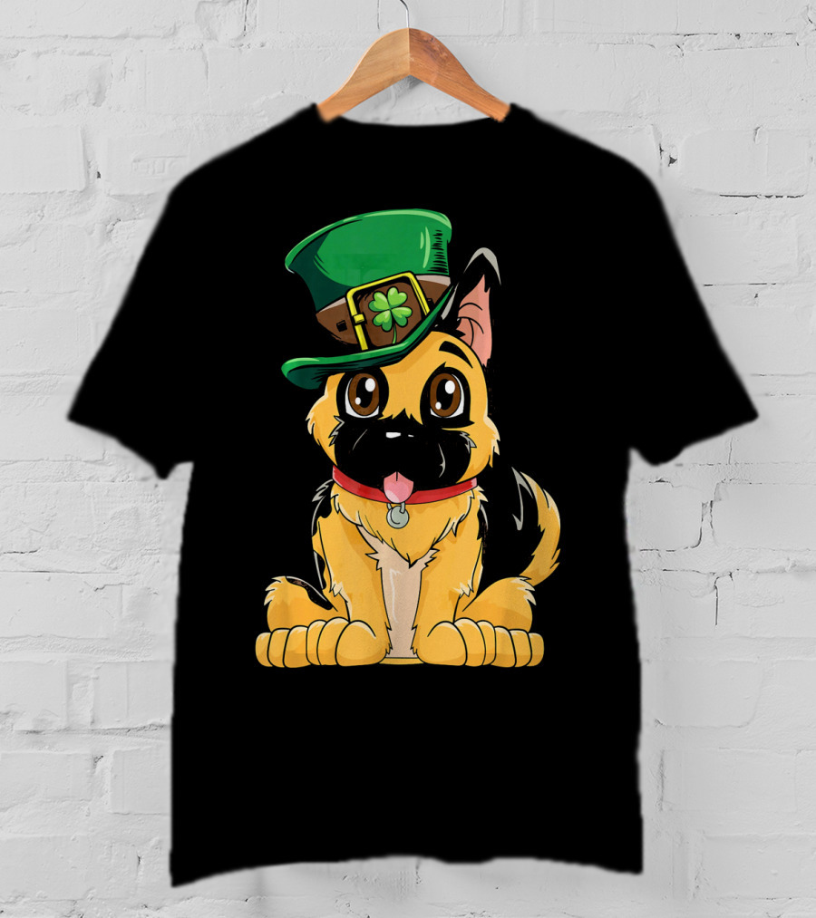 German Shepherd Wearing Leprechaun Hat With Clover T-Shirt