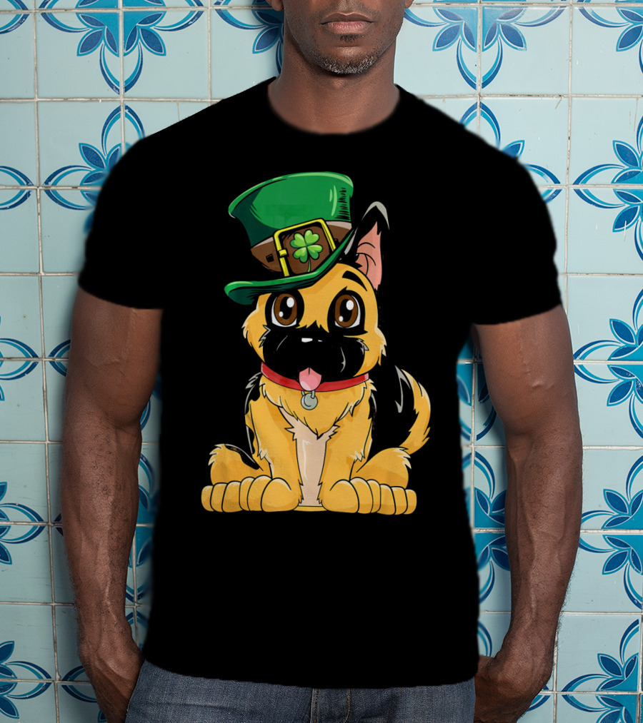German Shepherd Wearing Leprechaun Hat With Clover T-Shirt